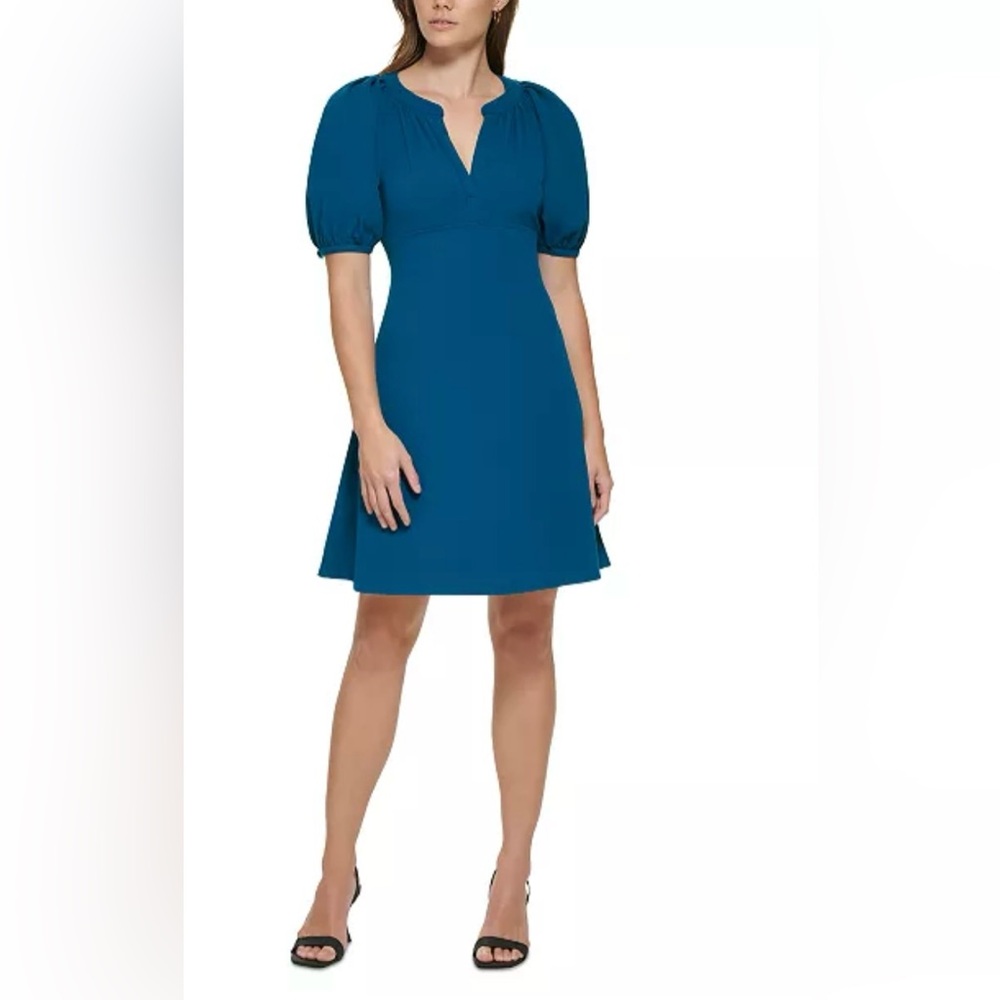 Calvin Klein Women's 6P Teal Blue Split Neck A-Line Mini Dress